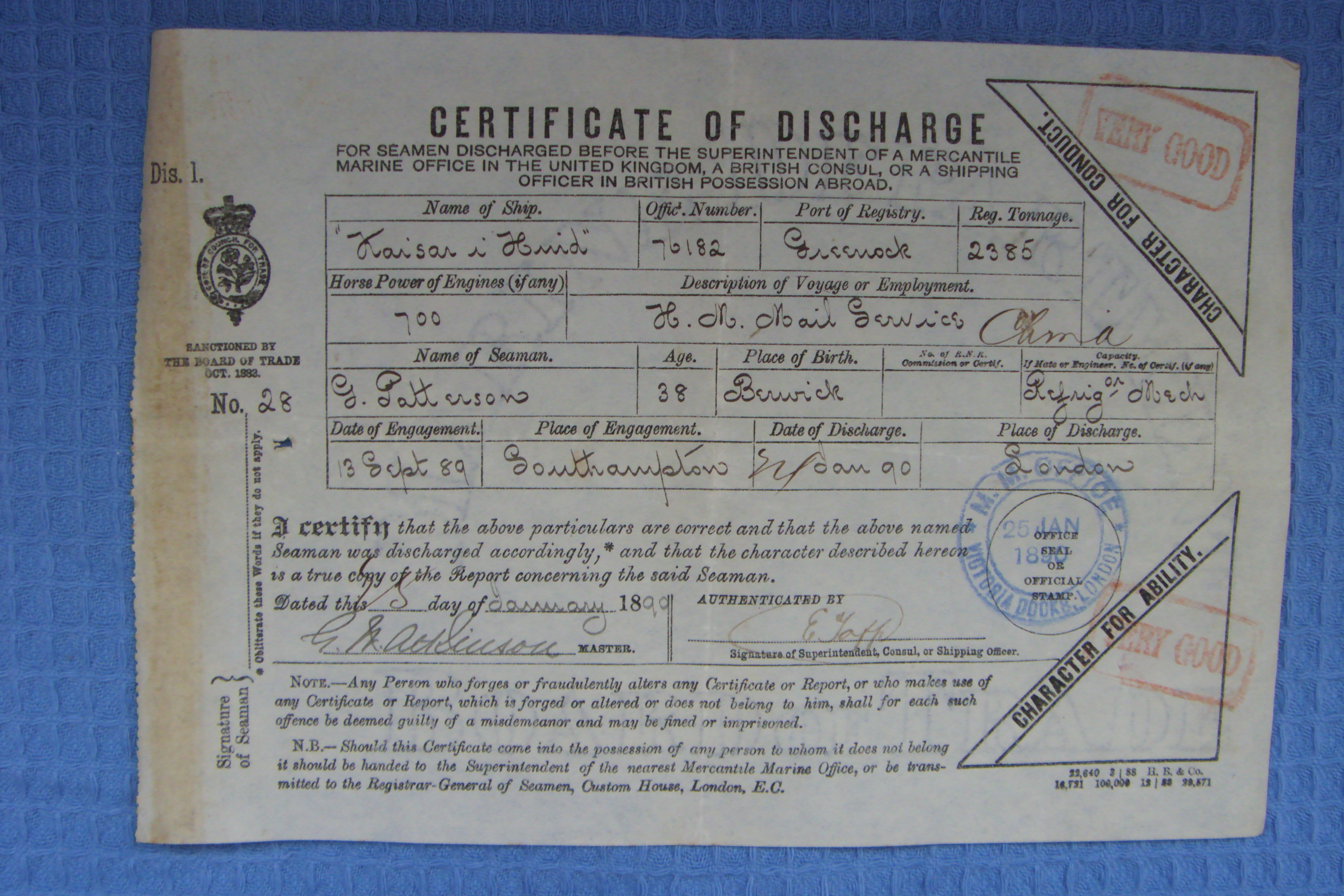ORIGINAL 'CERTIFICATE OF DISCHARGE' FROM THE OLD P&O VESSEL 'KAISER HIND' DATED JANUARY 1890